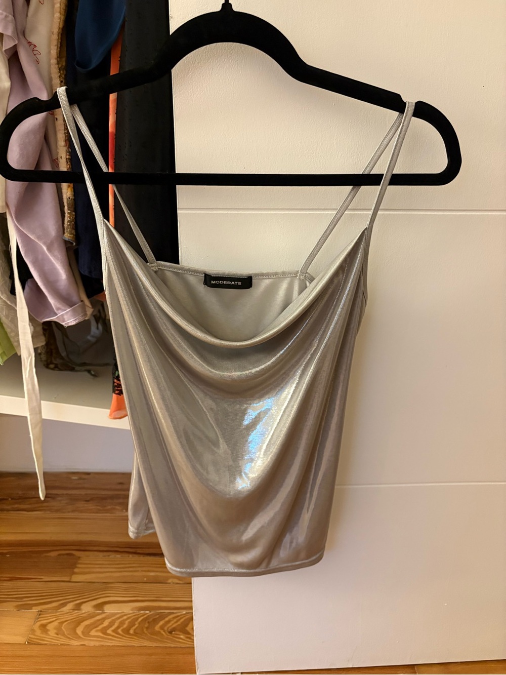Moderate Silver Liquid Metal Cowl Neck Top